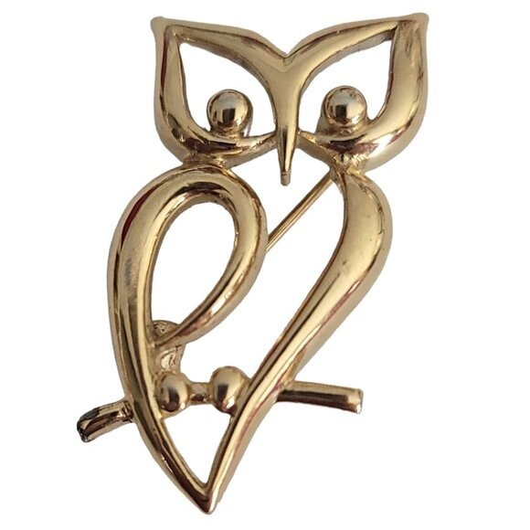 Trifari Crown Over T Gold Tone Open Design Owl Brooch Pin, Signed - Picture 2 of 6